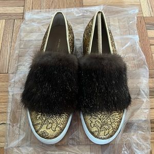 Michael Kors Collection Brocade Metallic Rabbit Fur trim Slip On